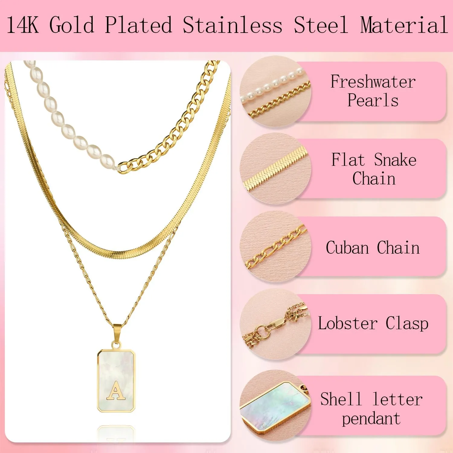 Gold Layered Initial Necklace for Women 3 Set- 14K Gold Plated Personalized Name Necklace Shell Letter Cuban Link Pearl Choker Flat Snake Chain,Dainty Layered Chain Jewelry Gift