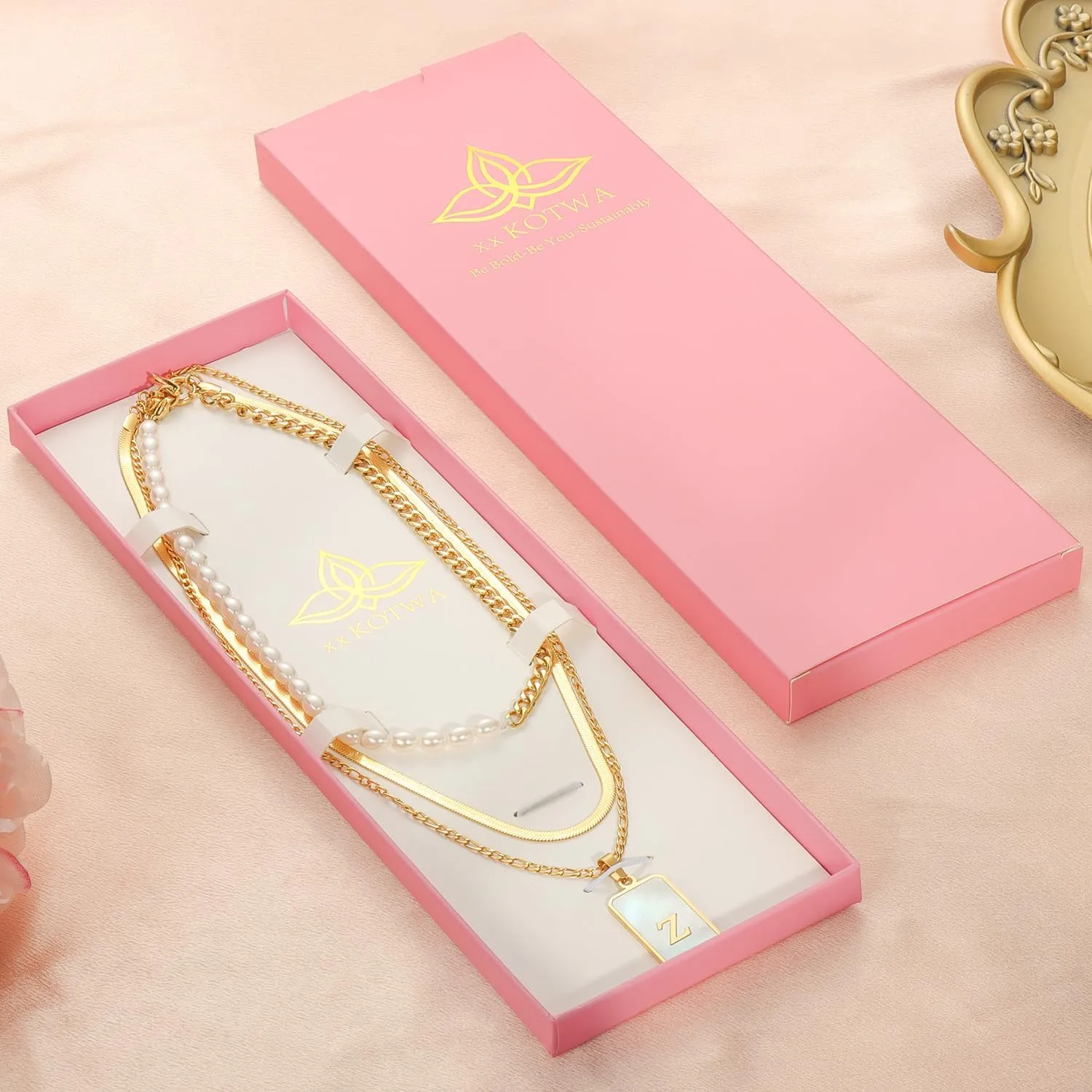 Gold Layered Initial Necklace for Women 3 Set- 14K Gold Plated Personalized Name Necklace Shell Letter Cuban Link Pearl Choker Flat Snake Chain,Dainty Layered Chain Jewelry Gift