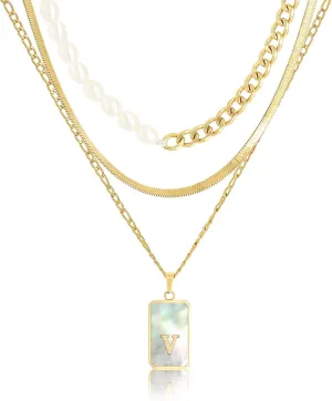 Gold Layered Initial Necklace for Women 3 Set- 14K Gold Plated Personalized Name Necklace Shell Letter Cuban Link Pearl Choker Flat Snake Chain,Dainty Layered Chain Jewelry Gift