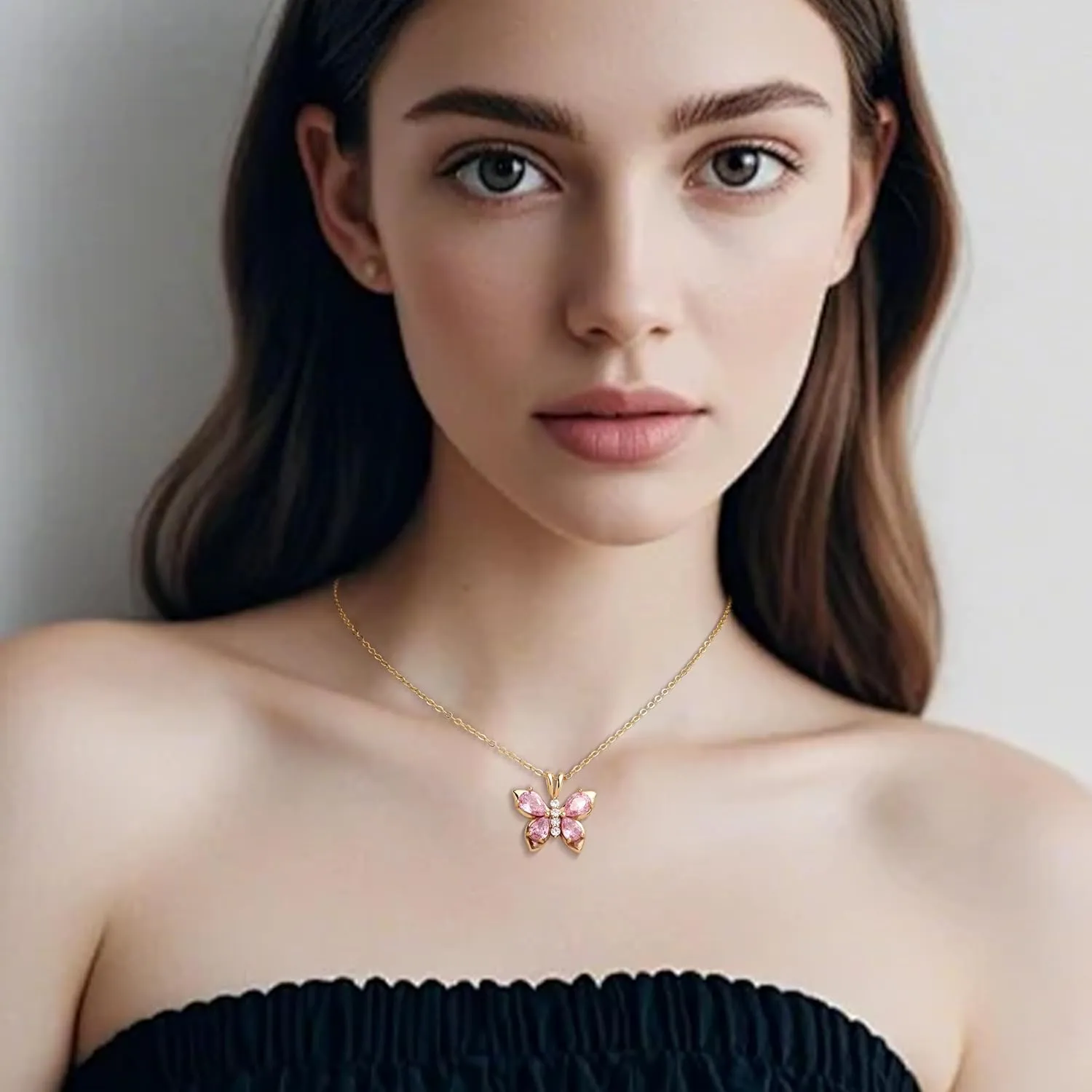 Gold Rhinestone Butterfly Pendant Necklace for Women, Dainty Crystal Choker Necklaces Prom Wedding Holiday Fashion Jewelry Gift.