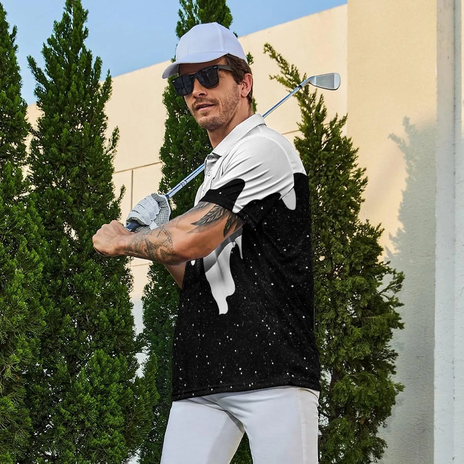 Golf Shirts for Men Printed Quick Dry Short Sleeve Performance Polo Shirts Moisture Wicking Collared Tennis T-Shirt
