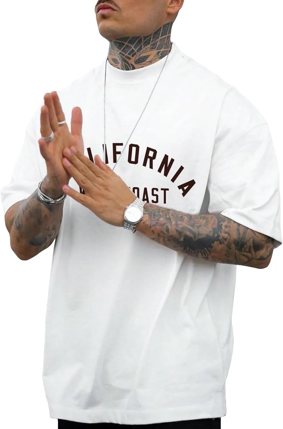 GORGLITTER Men's Letter Graphic Drop Shoulder T-Shirt Short Sleeve Mock Neck Tees