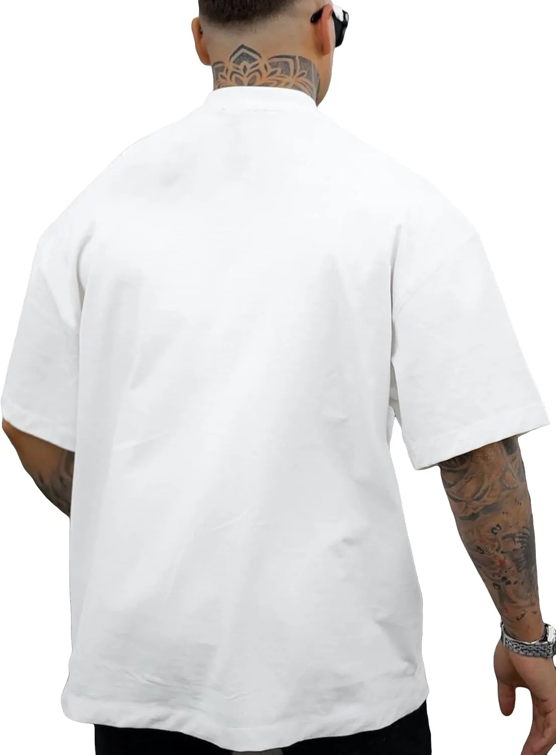 GORGLITTER Men's Letter Graphic Drop Shoulder T-Shirt Short Sleeve Mock Neck Tees
