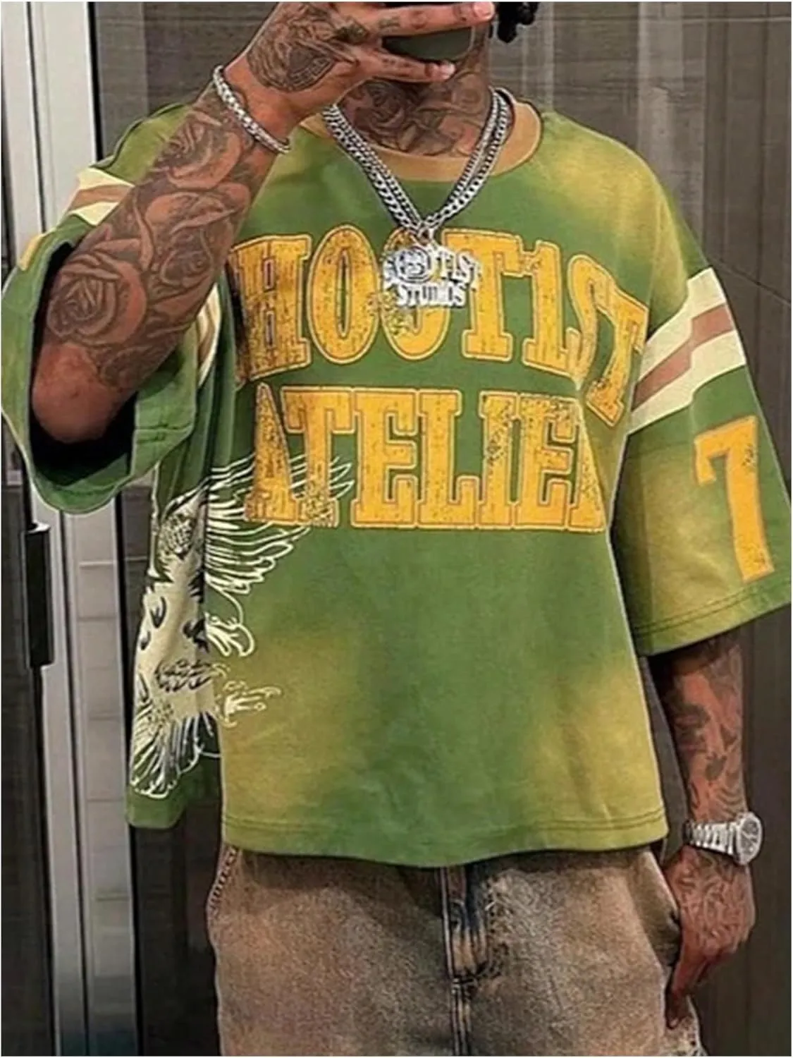 GORGLITTER Men's Oversized Letter Graphic Tees Half Sleeve Baggy Streetwear Jersey Shirts