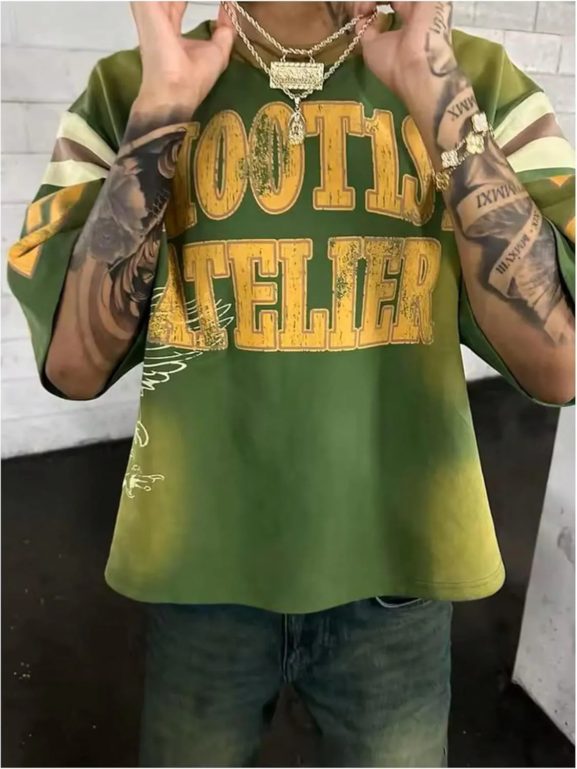 GORGLITTER Men's Oversized Letter Graphic Tees Half Sleeve Baggy Streetwear Jersey Shirts