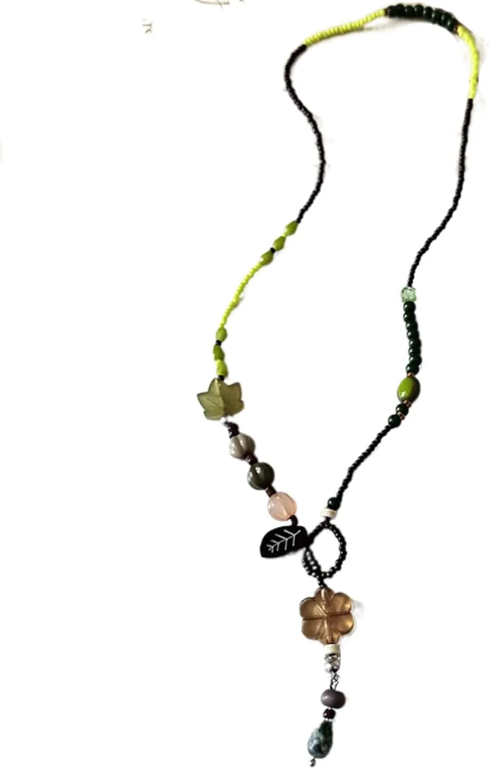 Green and Brown Boho Handmade Adjustable Colorful Beads Leaf Charm Choker Necklace For Women Summer Beach Jewelry Gift.