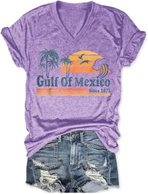 Gulf of Mexico T Shirt Graphic Mexico Shirts for Women Retro Beach Tops