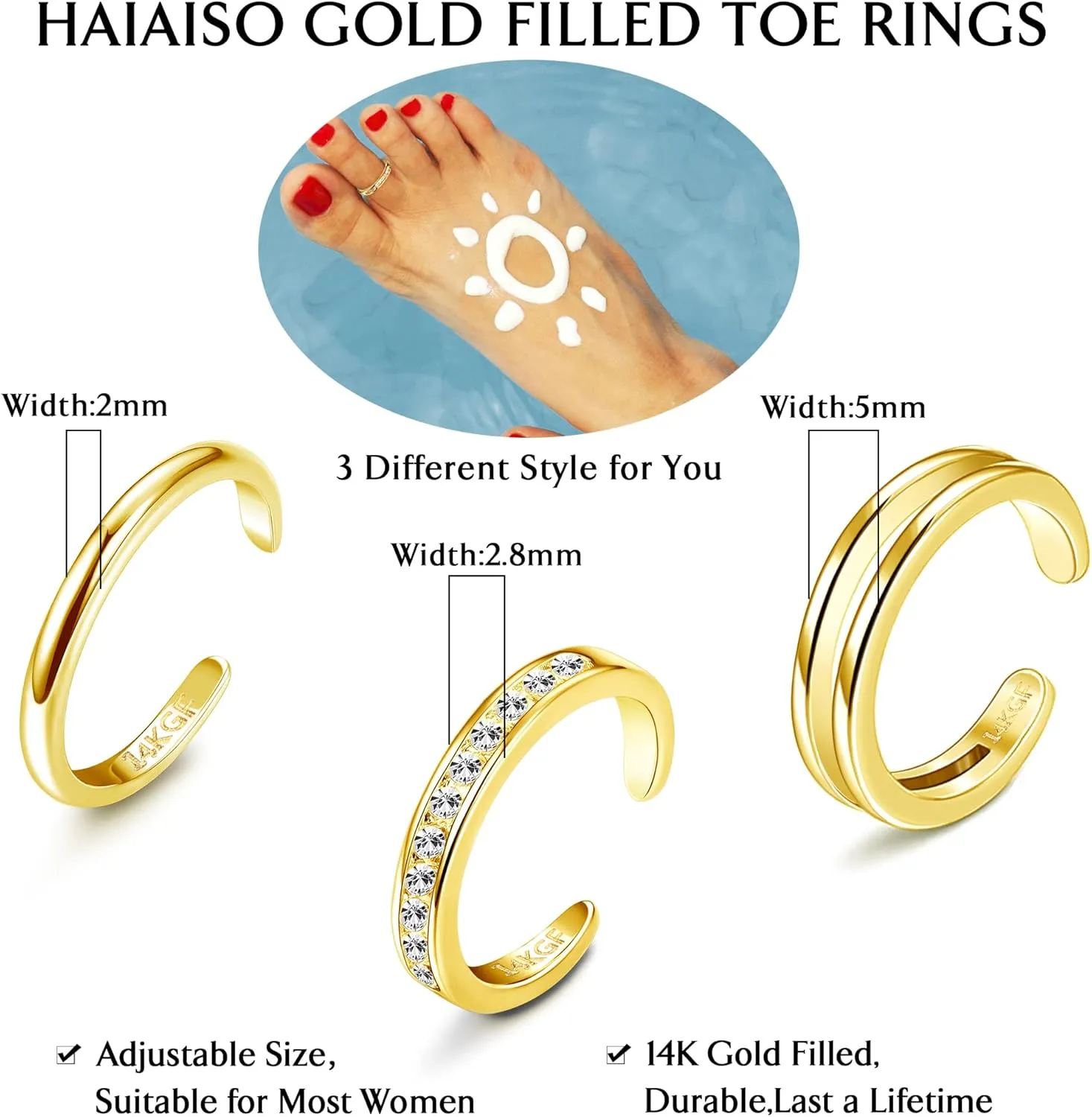 HAIAISO 14K Gold Filled Toe Rings Adjustable Open Toe Rings Cubic Zirconia Band Toe Ring Set Summer Beach Foot Jewelry Set