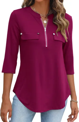 Halife Women's 3/4 Length Sleeve V Neck Flowy Tunic Blouses Work Tops Shirts with Zippers