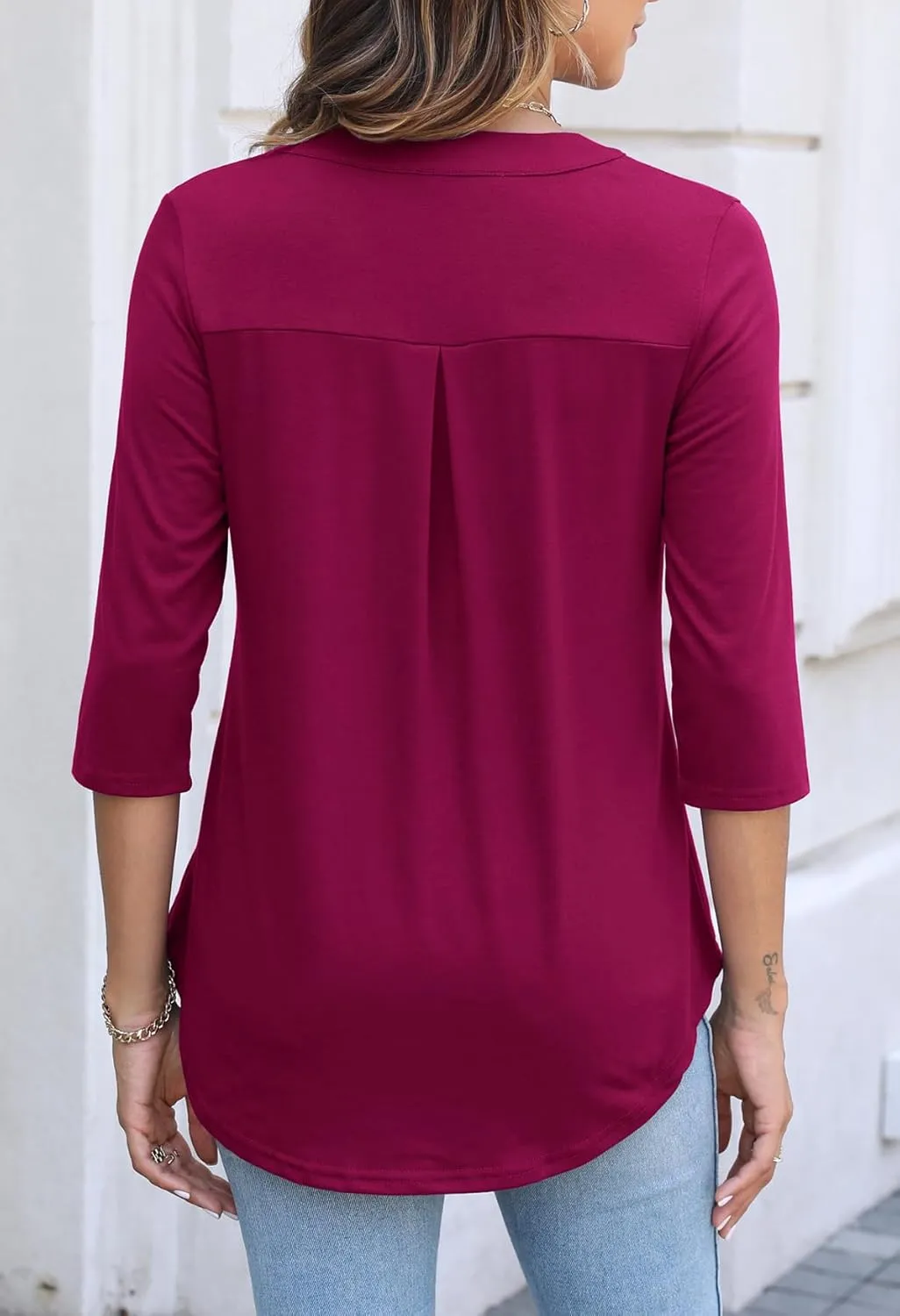 Halife Women's 3/4 Length Sleeve V Neck Flowy Tunic Blouses Work Tops Shirts with Zippers