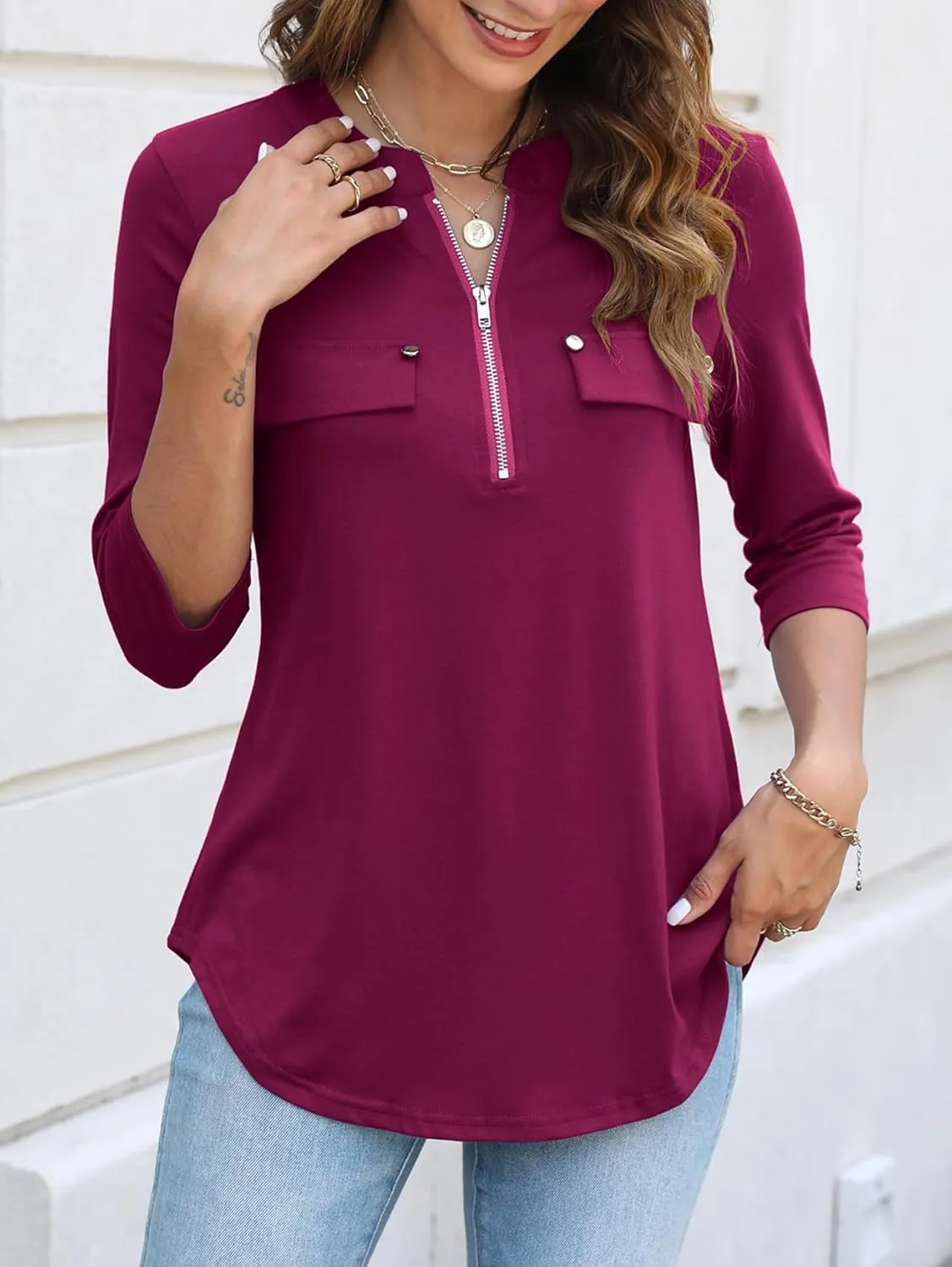 Halife Women's 3/4 Length Sleeve V Neck Flowy Tunic Blouses Work Tops Shirts with Zippers