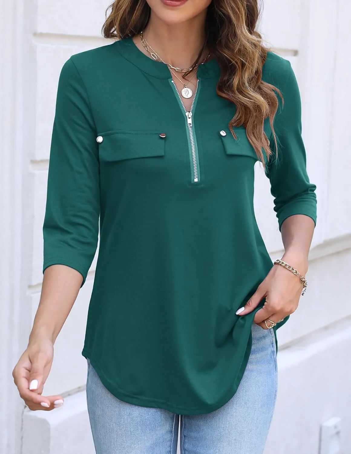 Halife Women's 3/4 Length Sleeve V Neck Flowy Tunic Blouses Work Tops Shirts with Zippers