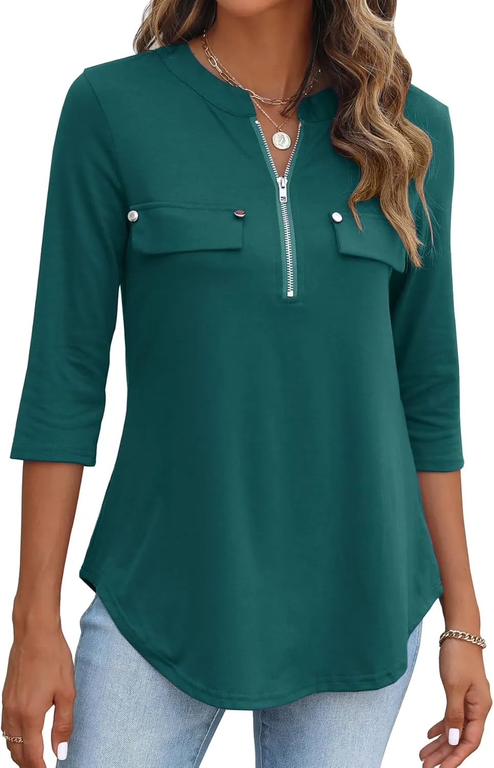 Halife Women's 3/4 Length Sleeve V Neck Flowy Tunic Blouses Work Tops Shirts with Zippers