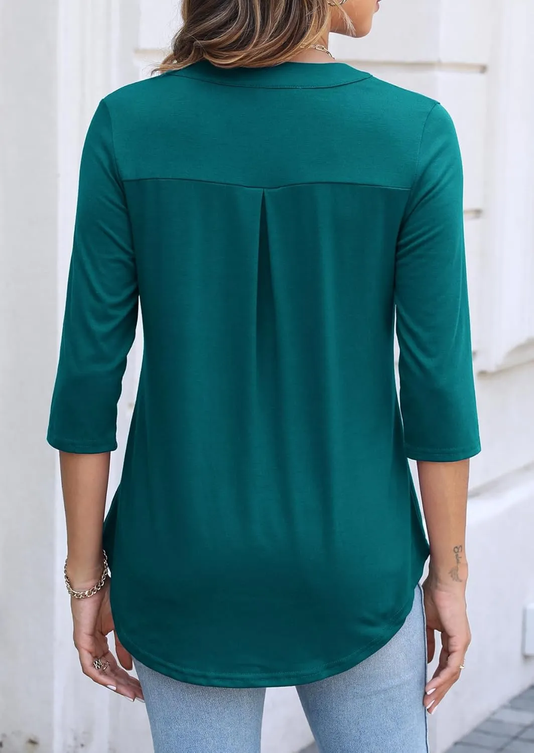 Halife Women's 3/4 Length Sleeve V Neck Flowy Tunic Blouses Work Tops Shirts with Zippers
