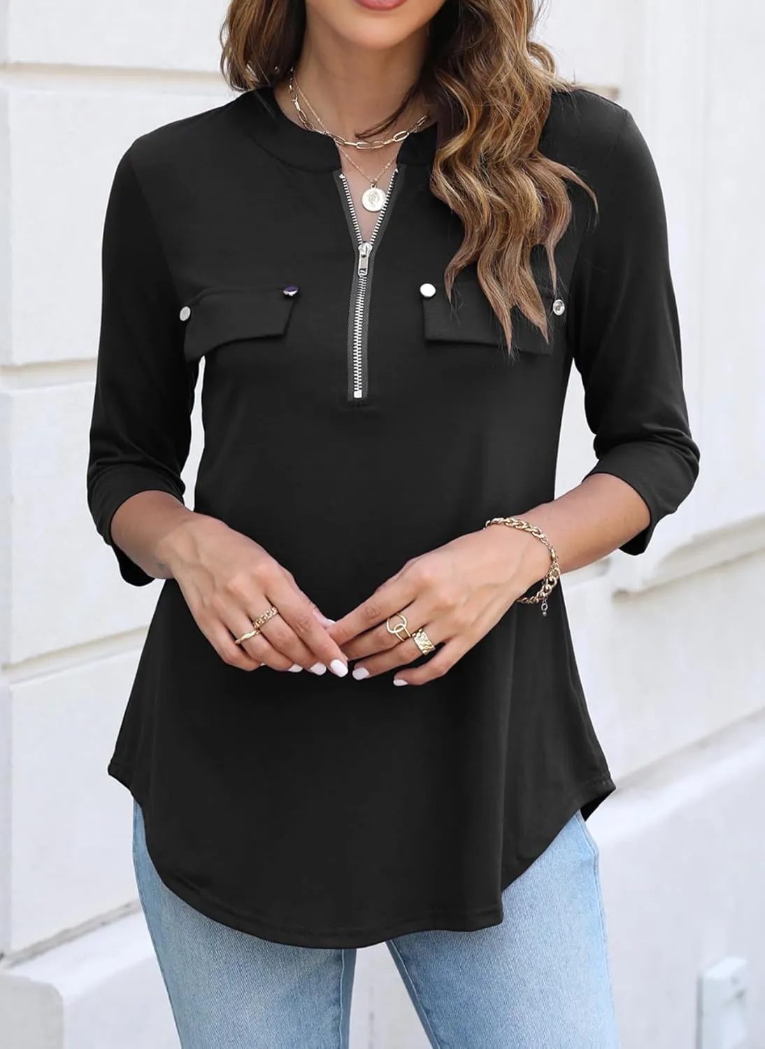 Halife Women's 3/4 Length Sleeve V Neck Flowy Tunic Blouses Work Tops Shirts with Zippers