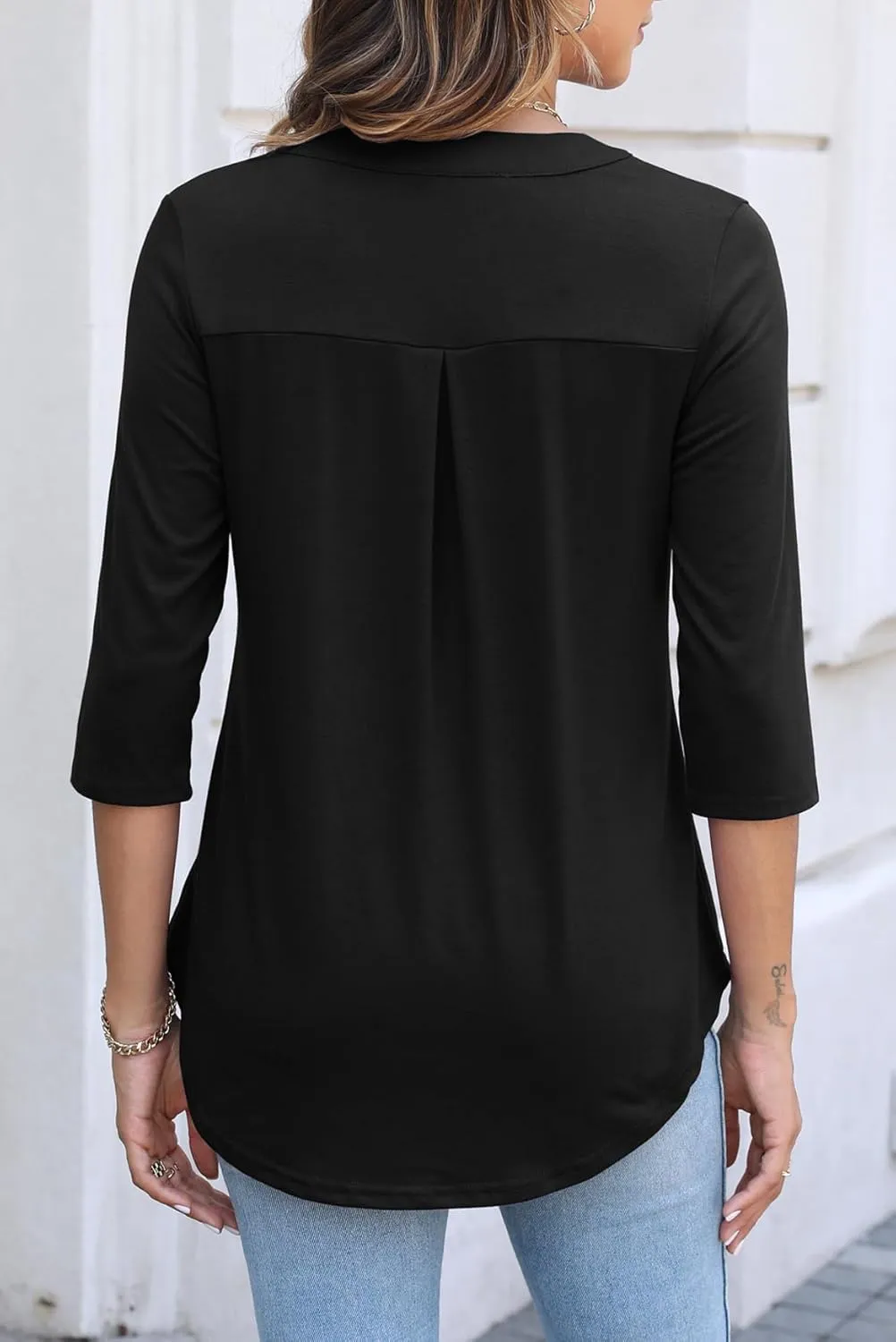 Halife Women's 3/4 Length Sleeve V Neck Flowy Tunic Blouses Work Tops Shirts with Zippers