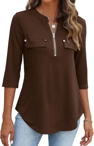 Halife Women's 3/4 Length Sleeve V Neck Flowy Tunic Blouses Work Tops Shirts with Zippers