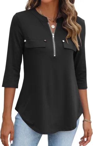 Halife Women's 3/4 Length Sleeve V Neck Flowy Tunic Blouses Work Tops Shirts with Zippers
