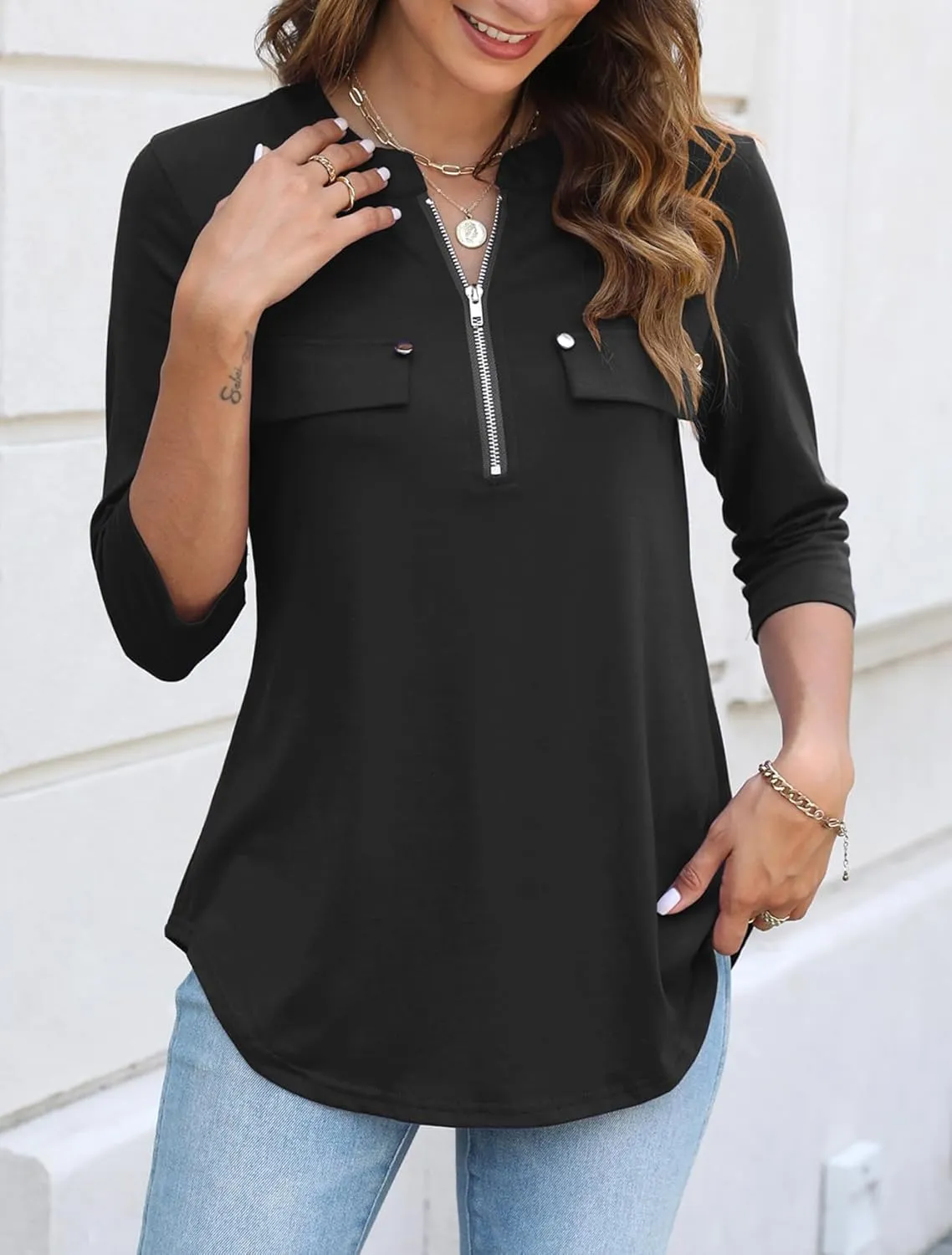 Halife Women's 3/4 Length Sleeve V Neck Flowy Tunic Blouses Work Tops Shirts with Zippers