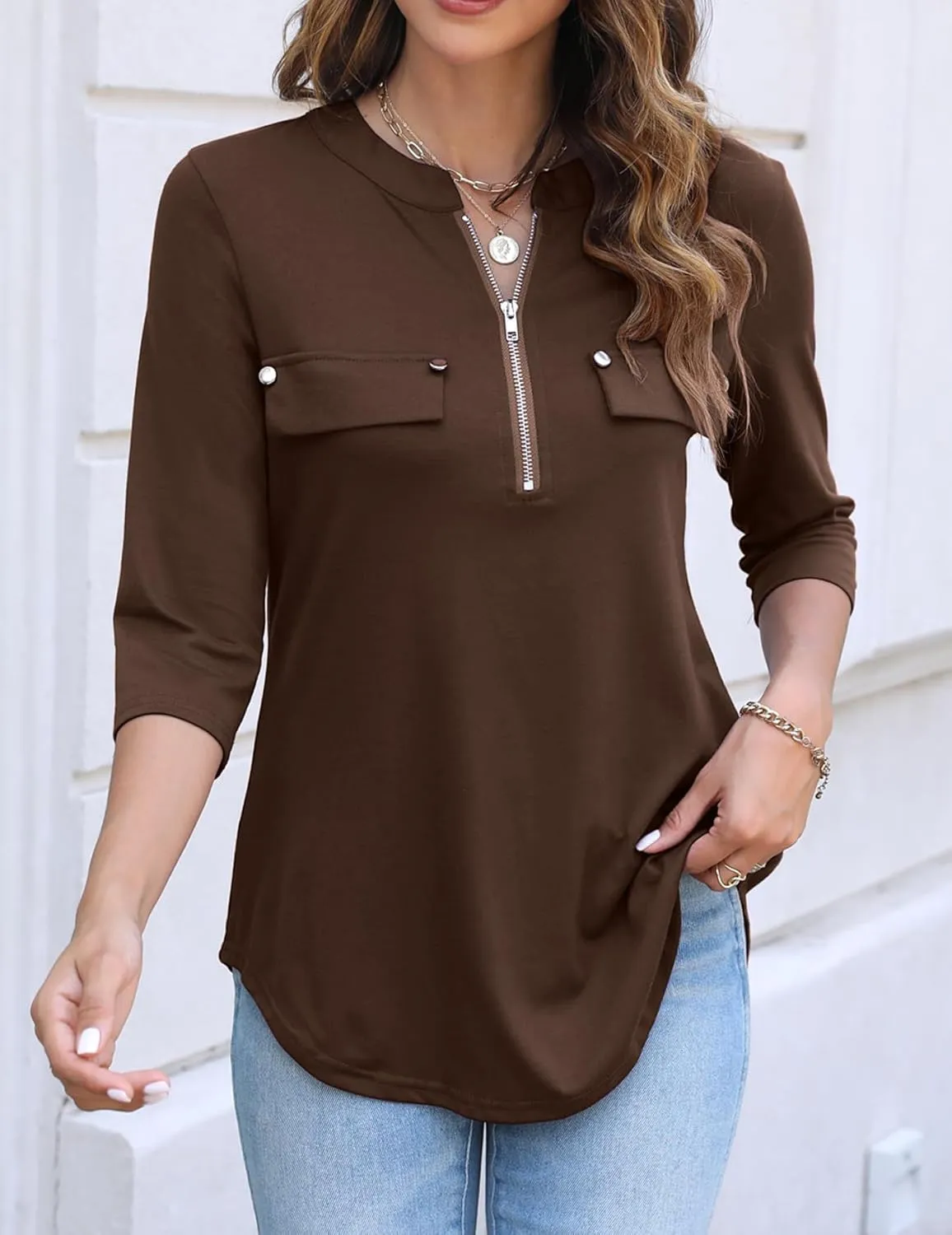 Halife Women's 3/4 Length Sleeve V Neck Flowy Tunic Blouses Work Tops Shirts with Zippers