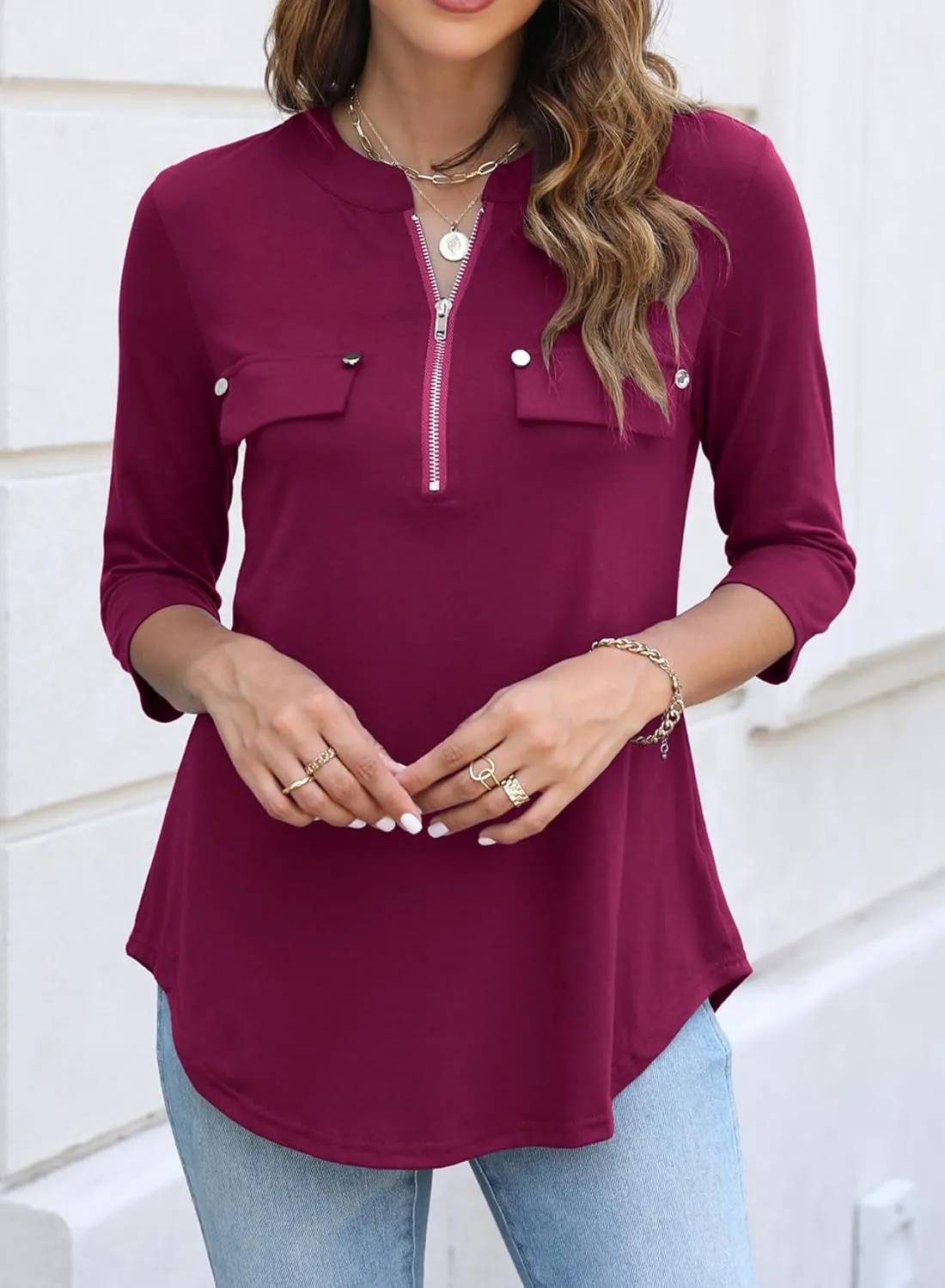 Halife Women's 3/4 Length Sleeve V Neck Flowy Tunic Blouses Work Tops Shirts with Zippers