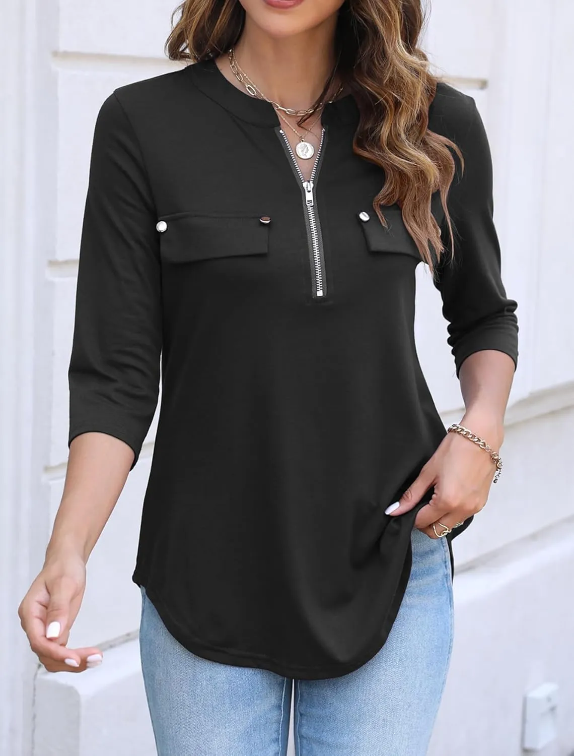Halife Women's 3/4 Length Sleeve V Neck Flowy Tunic Blouses Work Tops Shirts with Zippers