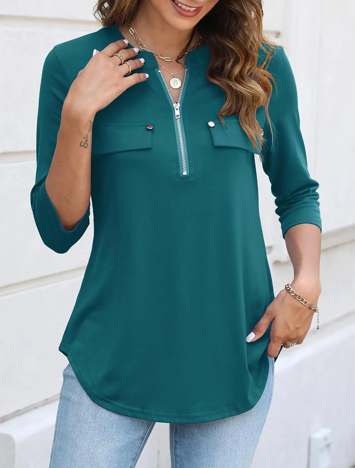 Halife Women's 3/4 Length Sleeve V Neck Flowy Tunic Blouses Work Tops Shirts with Zippers
