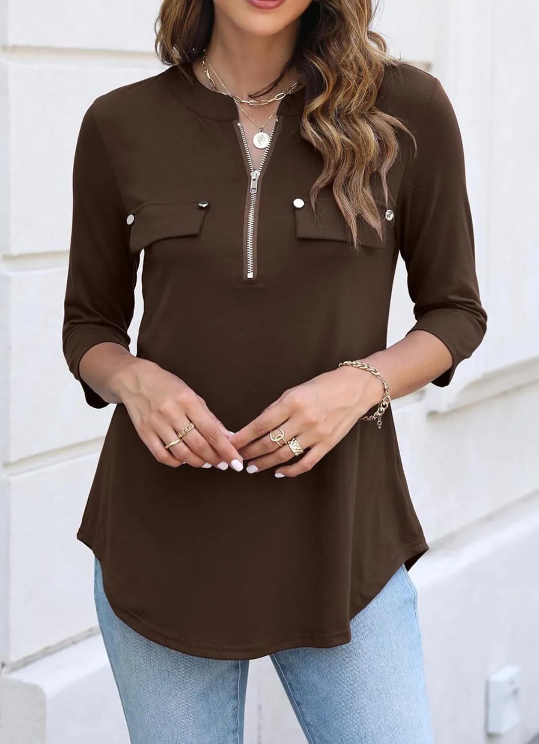 Halife Women's 3/4 Length Sleeve V Neck Flowy Tunic Blouses Work Tops Shirts with Zippers