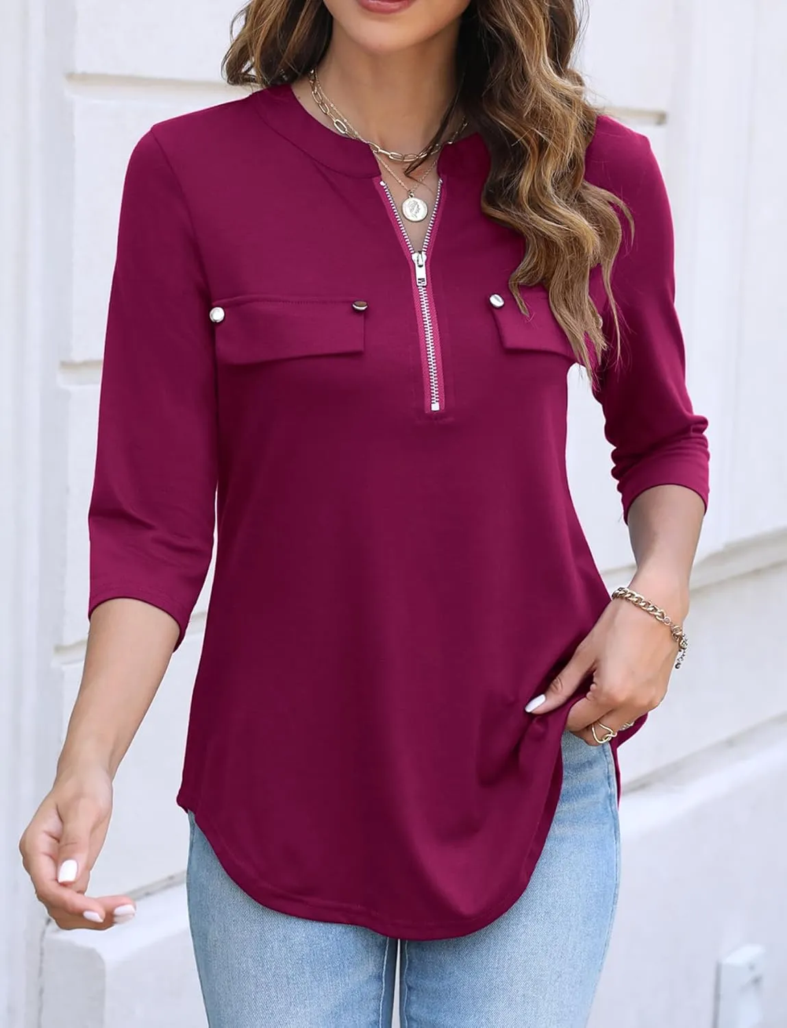 Halife Women's 3/4 Length Sleeve V Neck Flowy Tunic Blouses Work Tops Shirts with Zippers