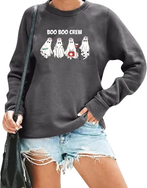 Halloween Nurse Sweatshirt Women Cute Ghost Nurse Graphic Pullover Tops Funny Halloween Spooky Long Sleeve Tops