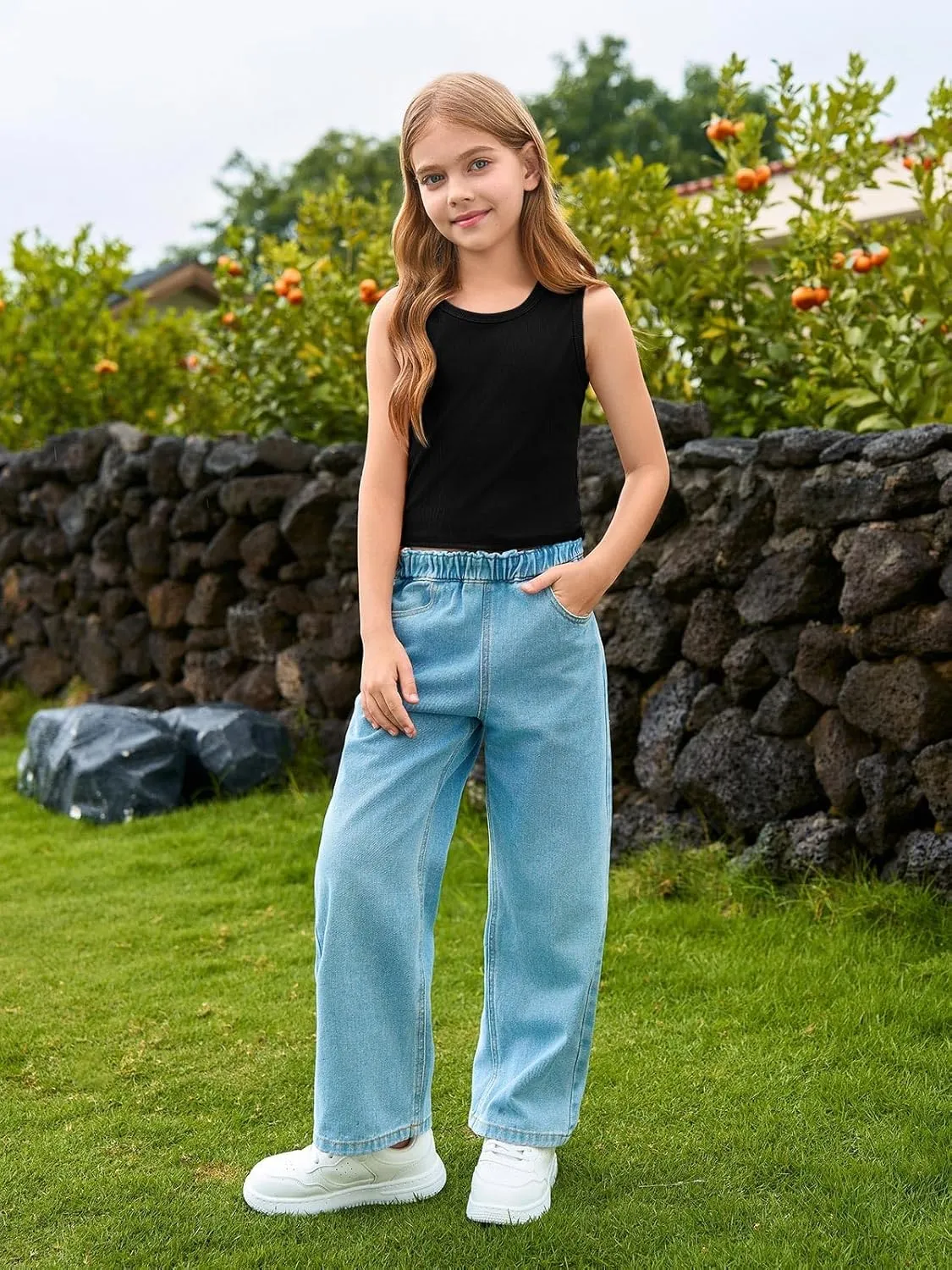 Haloumoning Girls Tank Tops Kids Athletic Ribbed Knit Sleeveless Crop Tops Basic Camisole 5-14 Years