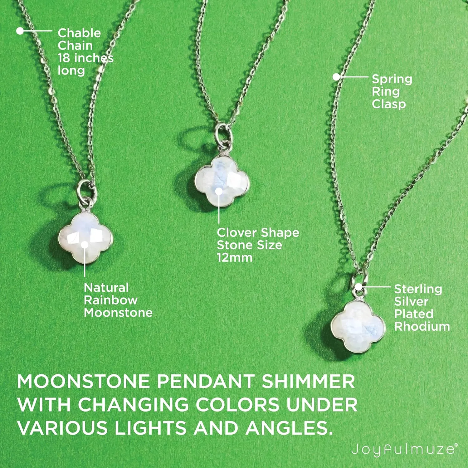 Handcrafted Genuine Moonstone Necklace, Bohemian Luck, and Spiritual Protection Stone, Perfect Gift for June Birthdays, Sterling Silver 18 inches long (Moonstone-Rainbow-White Gold)