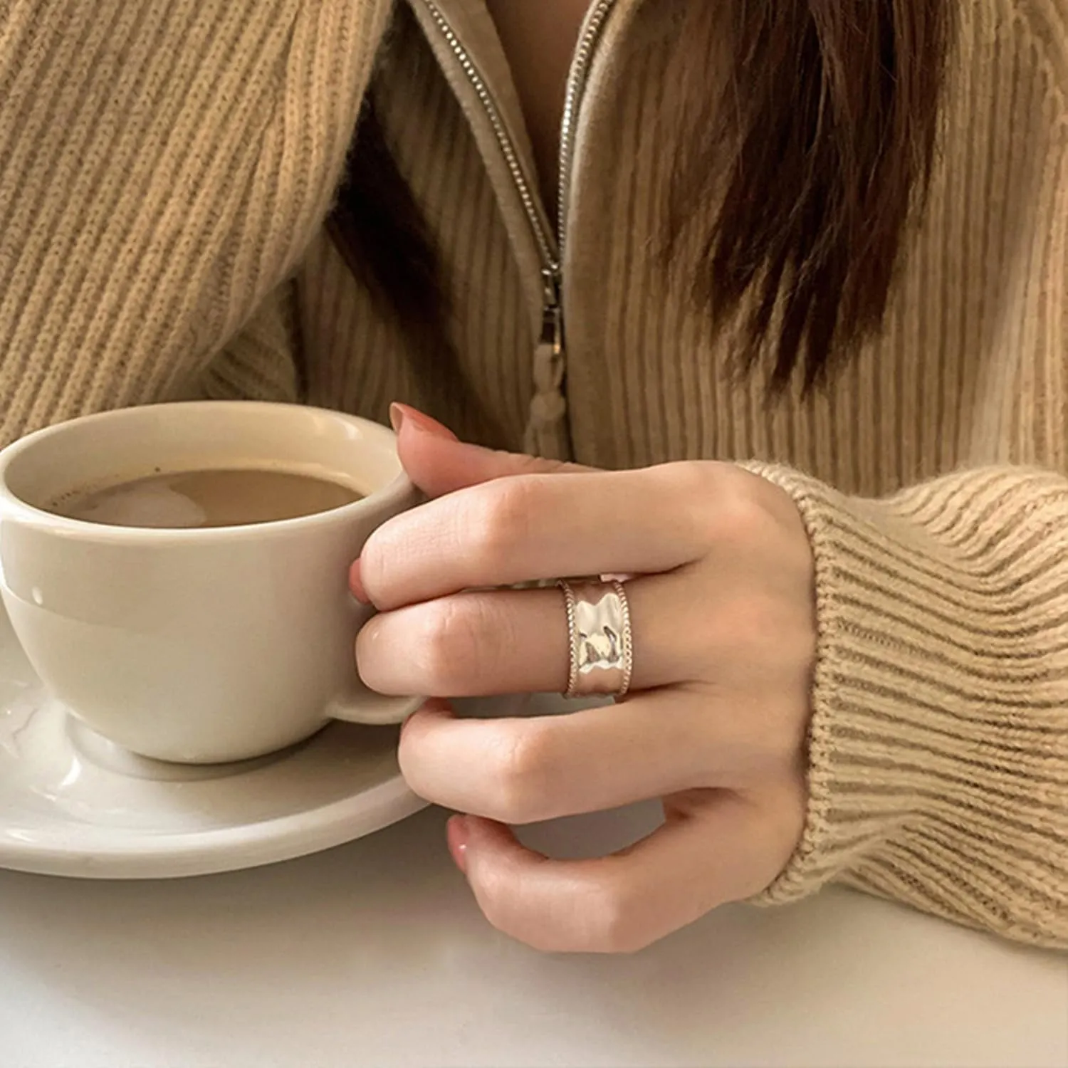 Handmade Hammered 925 Sterling Silver Rings Open Adjustable Wide Cuff Band Ring Thumb Rings for Women Men