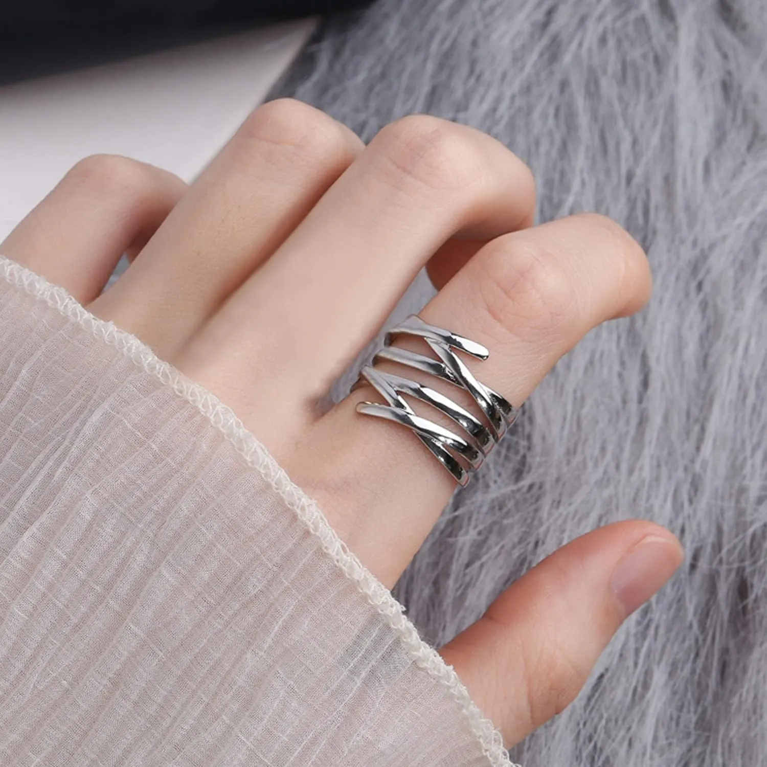 Handmade Hammered 925 Sterling Silver Rings Open Adjustable Wide Cuff Band Ring Thumb Rings for Women Men