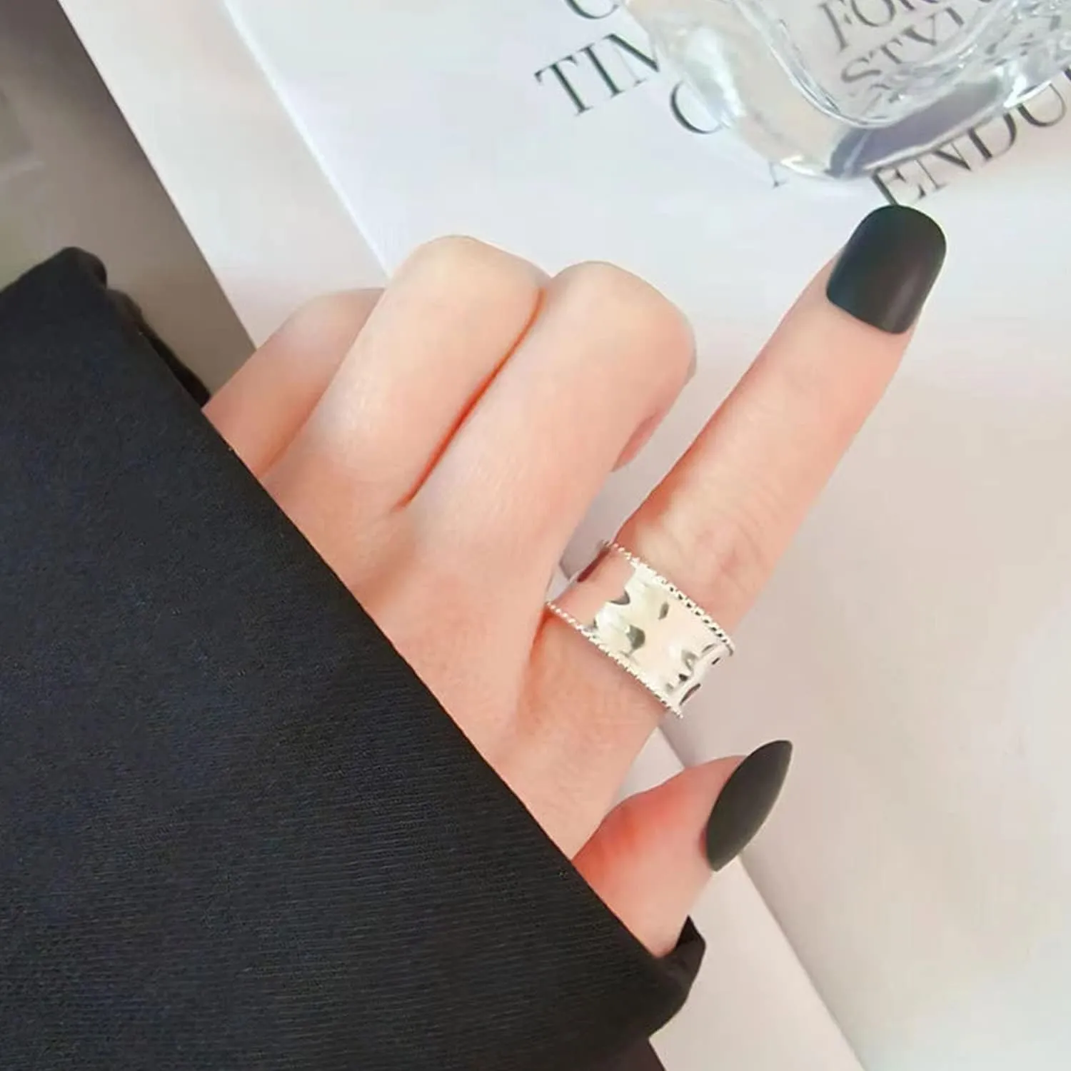 Handmade Hammered 925 Sterling Silver Rings Open Adjustable Wide Cuff Band Ring Thumb Rings for Women Men