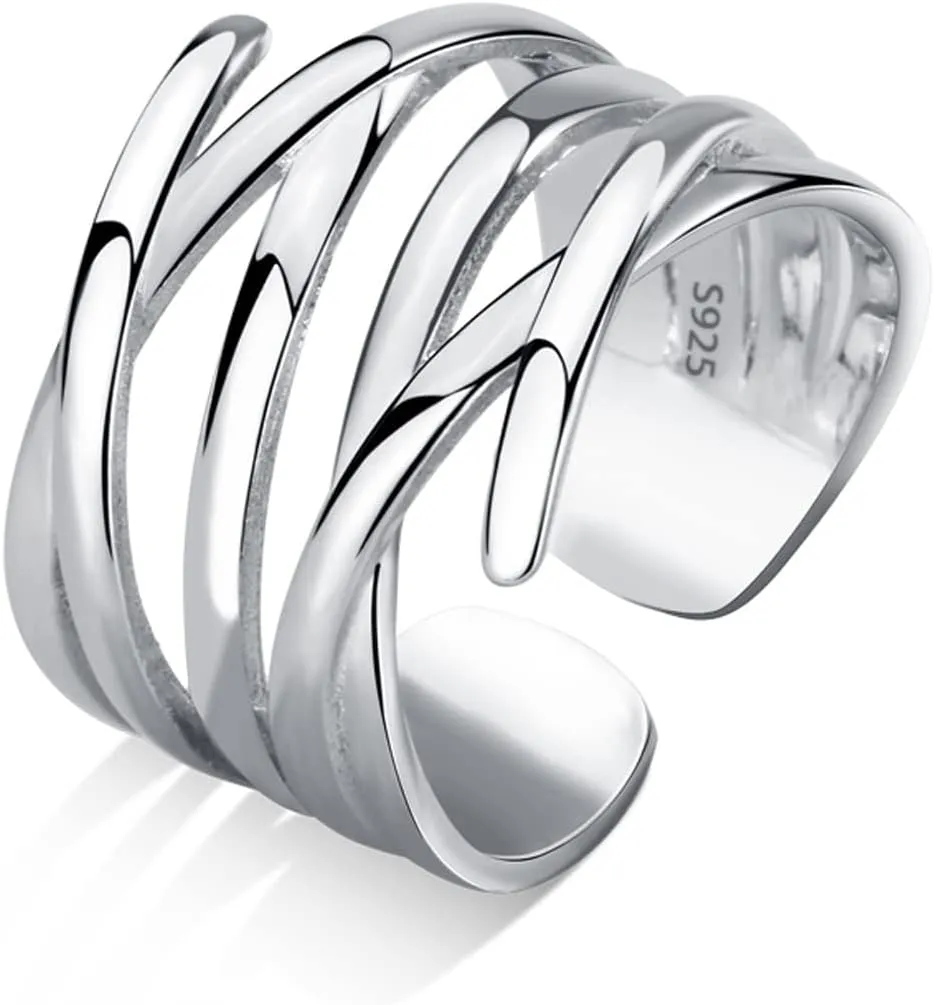 Handmade Hammered 925 Sterling Silver Rings Open Adjustable Wide Cuff Band Ring Thumb Rings for Women Men