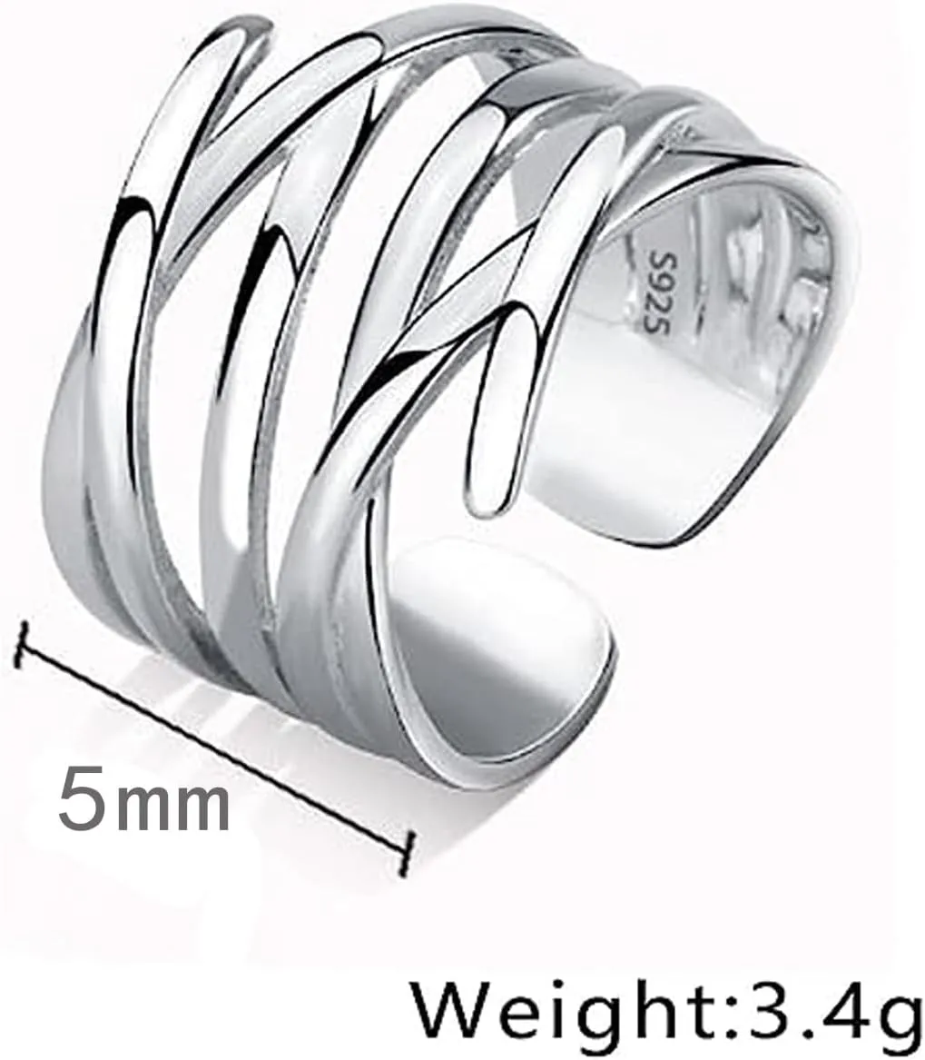 Handmade Hammered 925 Sterling Silver Rings Open Adjustable Wide Cuff Band Ring Thumb Rings for Women Men