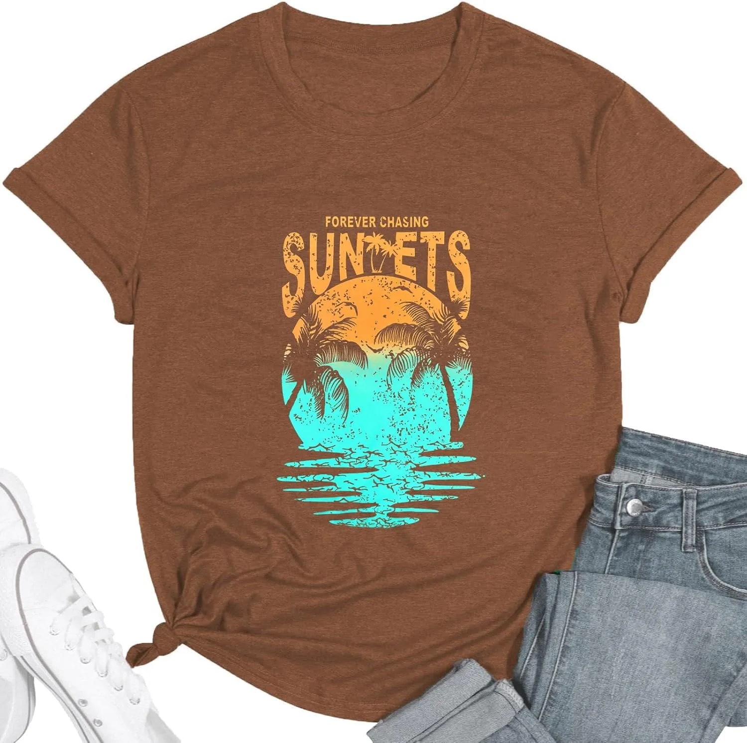Hawaiian Shirts for Women Palm Trees Beach Graphic Tee Tops Summer Vacation Short Sleeve Tshirt Tops