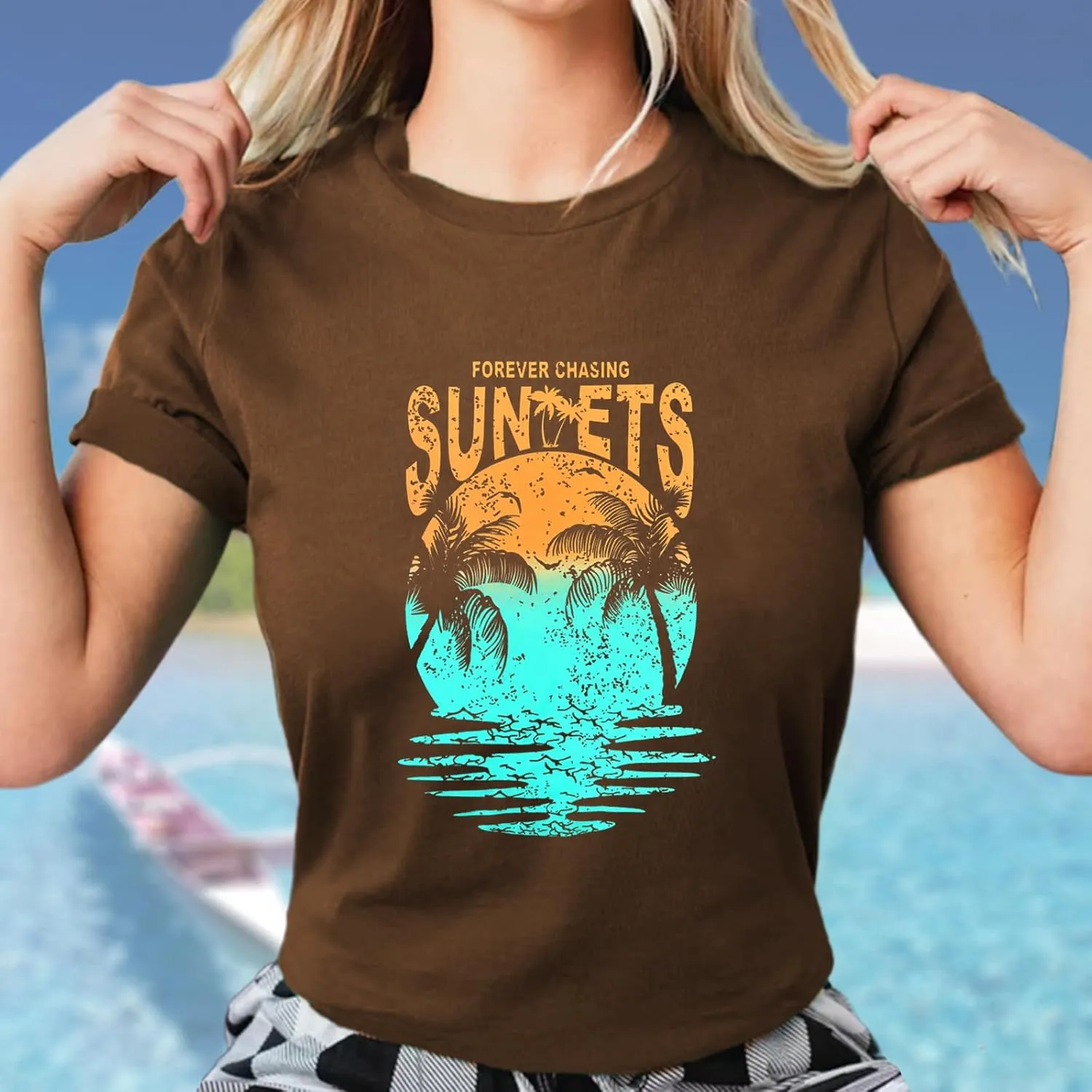 Hawaiian Shirts for Women Palm Trees Beach Graphic Tee Tops Summer Vacation Short Sleeve Tshirt Tops