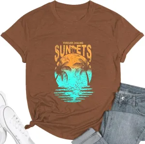 Hawaiian Shirts for Women Palm Trees Beach Graphic Tee Tops Summer Vacation Short Sleeve Tshirt Tops