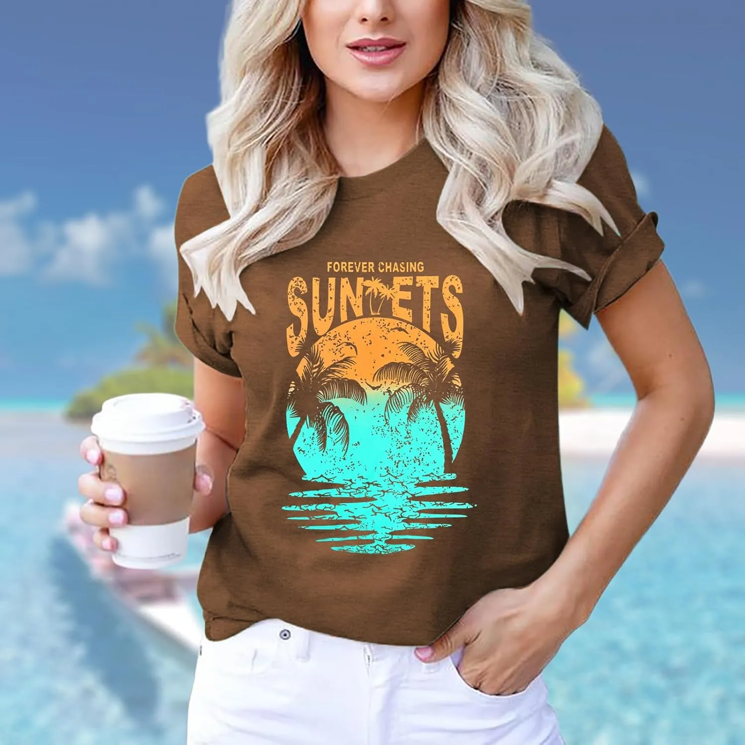 Hawaiian Shirts for Women Palm Trees Beach Graphic Tee Tops Summer Vacation Short Sleeve Tshirt Tops