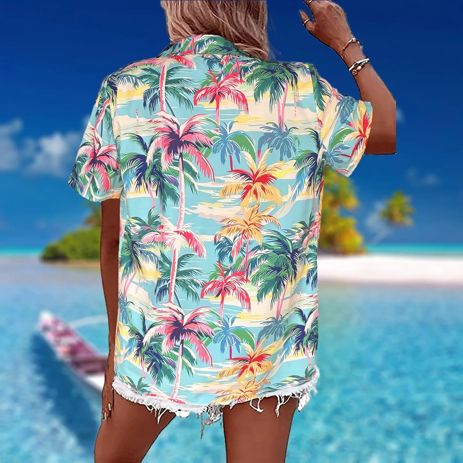 Hawaiian Shirts Women Hawaii Tshirt Cool Floral Tropic Print Graphic Tees Tops Button Up Summer Vacation Shirt