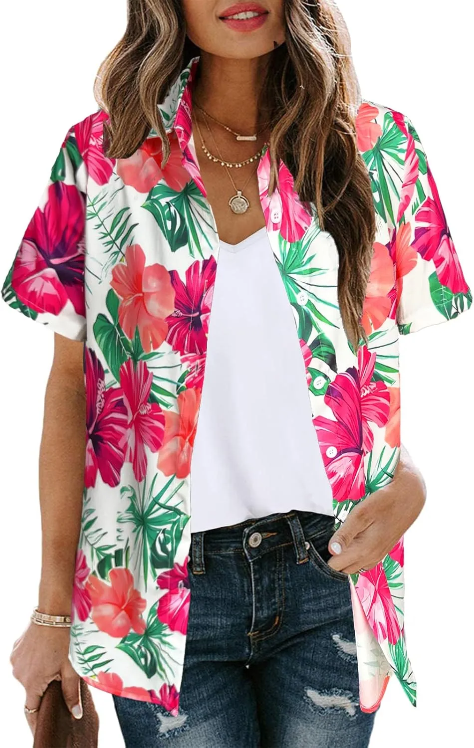 Hawaiian Shirts Women Hawaii Tshirt Cool Floral Tropic Print Graphic Tees Tops Button Up Summer Vacation Shirt