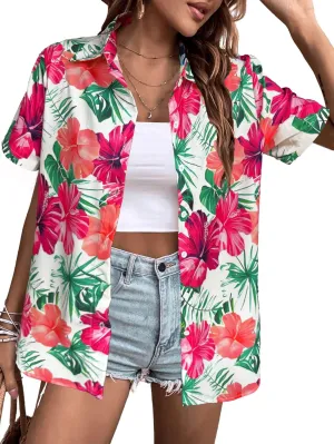 Hawaiian Shirts Women Hawaii Tshirt Cool Floral Tropic Print Graphic Tees Tops Button Up Summer Vacation Shirt