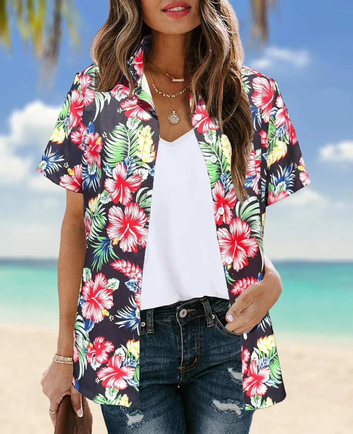 Hawaiian Shirts Women Hawaii Tshirt Cool Floral Tropic Print Graphic Tees Tops Button Up Summer Vacation Shirt
