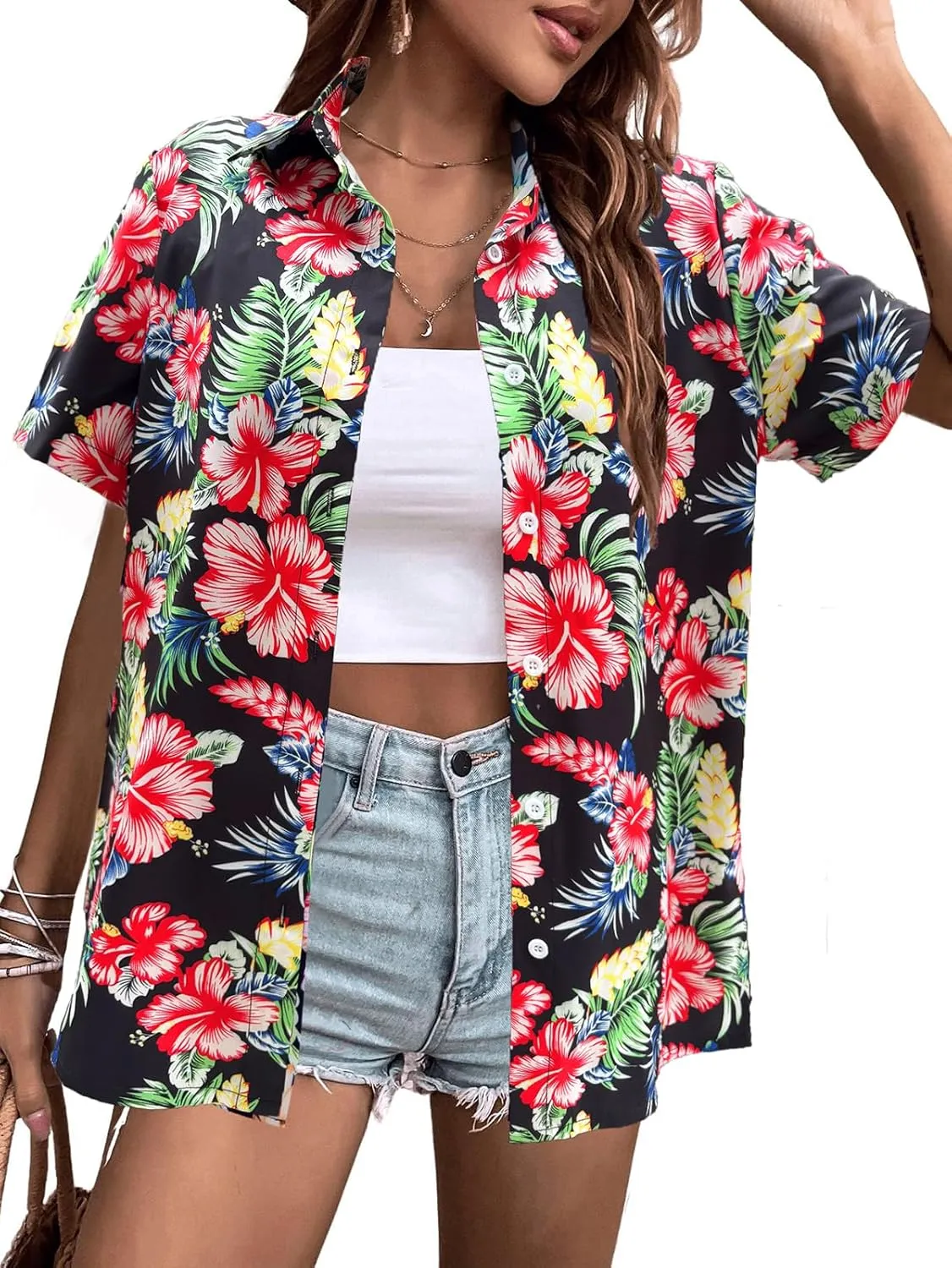 Hawaiian Shirts Women Hawaii Tshirt Cool Floral Tropic Print Graphic Tees Tops Button Up Summer Vacation Shirt