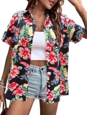 Hawaiian Shirts Women Hawaii Tshirt Cool Floral Tropic Print Graphic Tees Tops Button Up Summer Vacation Shirt