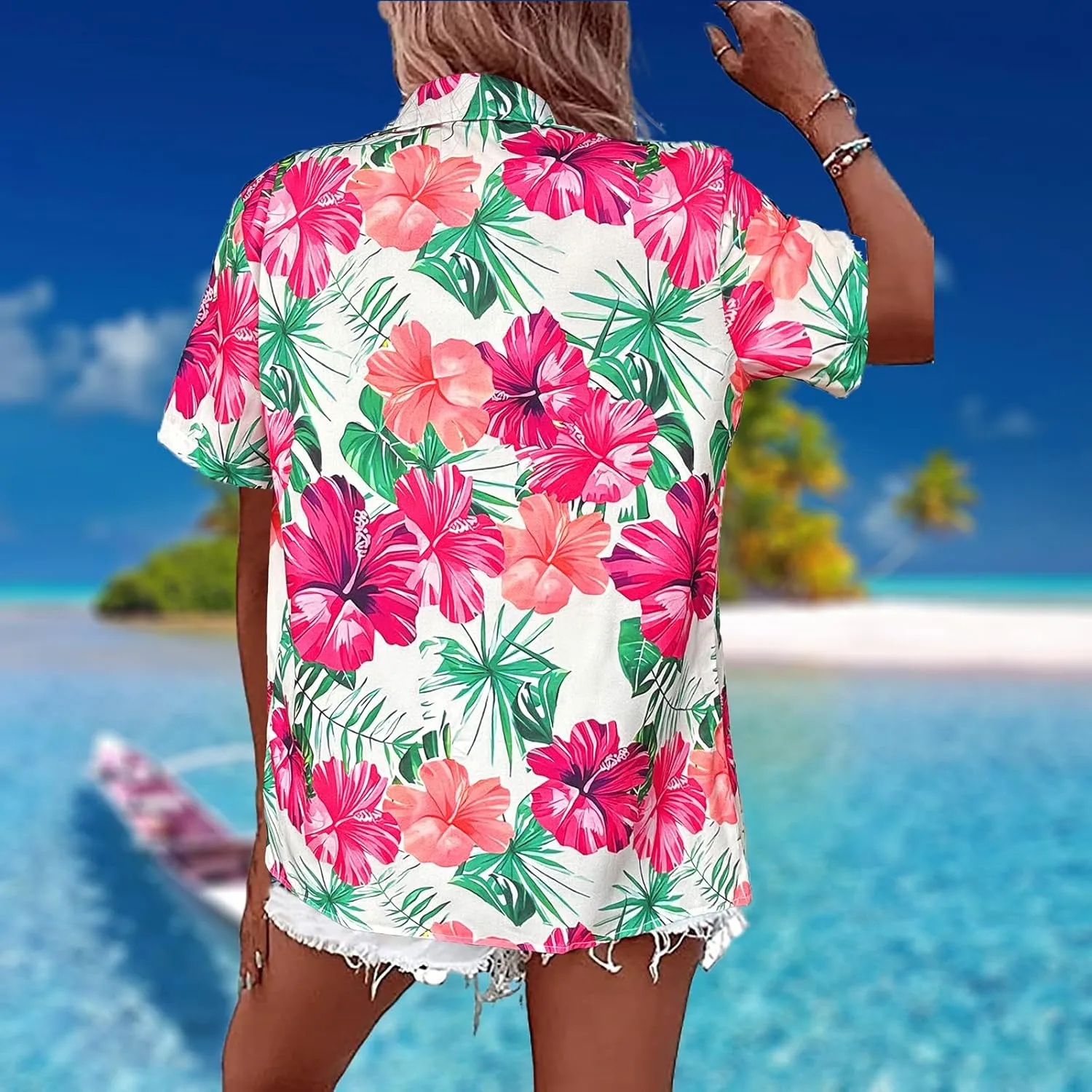 Hawaiian Shirts Women Hawaii Tshirt Cool Floral Tropic Print Graphic Tees Tops Button Up Summer Vacation Shirt