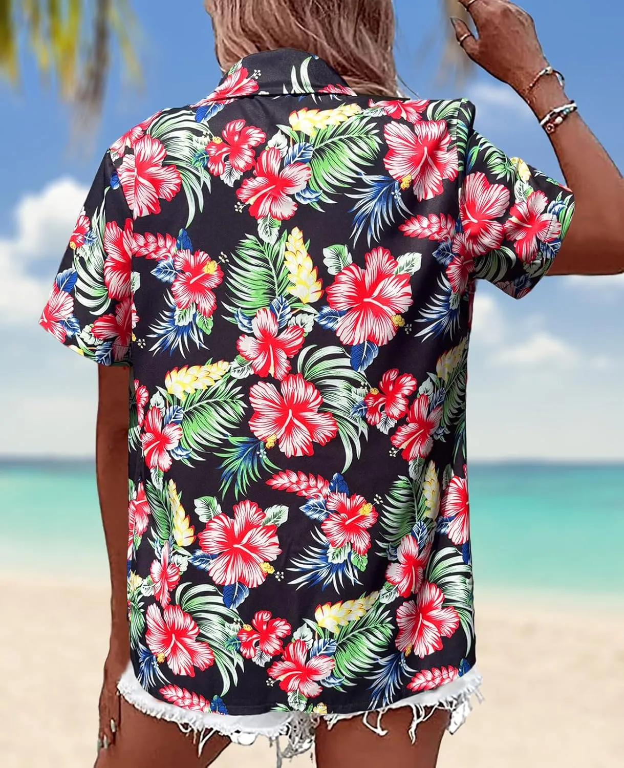 Hawaiian Shirts Women Hawaii Tshirt Cool Floral Tropic Print Graphic Tees Tops Button Up Summer Vacation Shirt