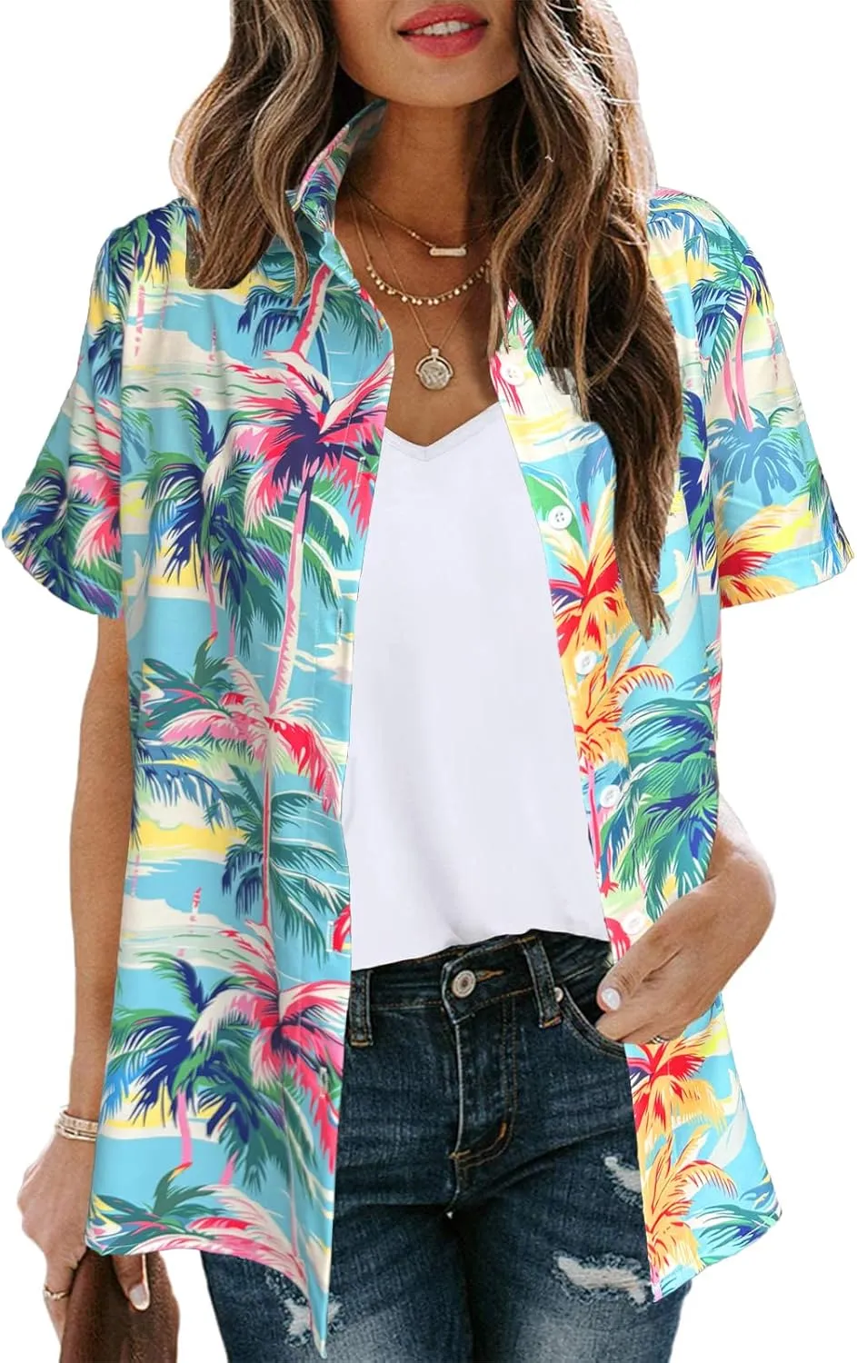 Hawaiian Shirts Women Hawaii Tshirt Cool Floral Tropic Print Graphic Tees Tops Button Up Summer Vacation Shirt